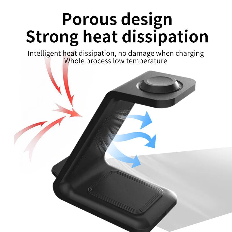 White upright wireless charging stand holding a mobile phone in landscape orientation.