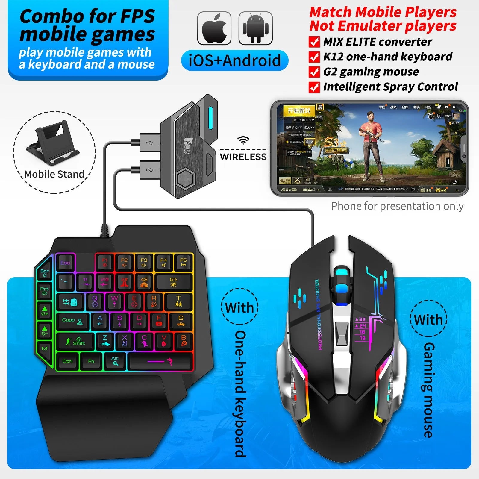 Gamwing Jiaying MIX series USB keyboard and mouse converter in official configuration suit.
