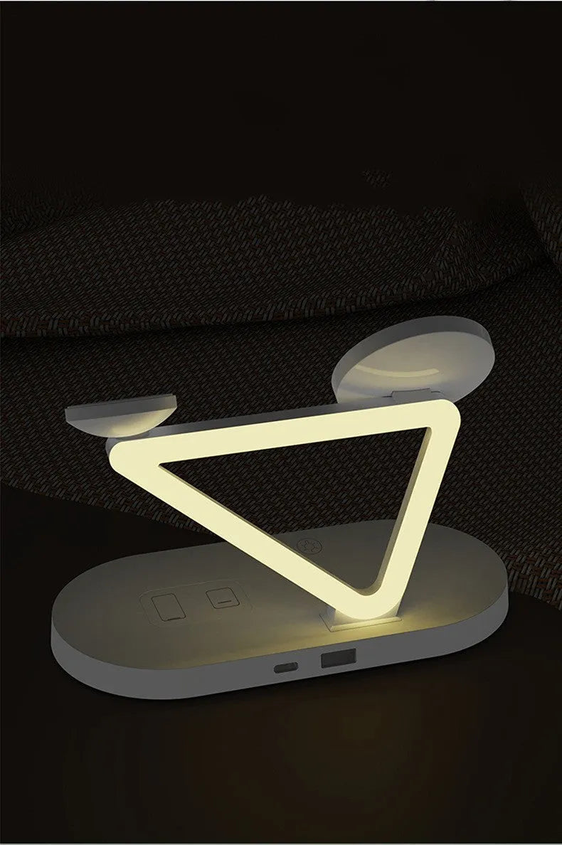 Black and white 3-in-1 wireless charging station for Apple Watch, AirPods and mobile phone.