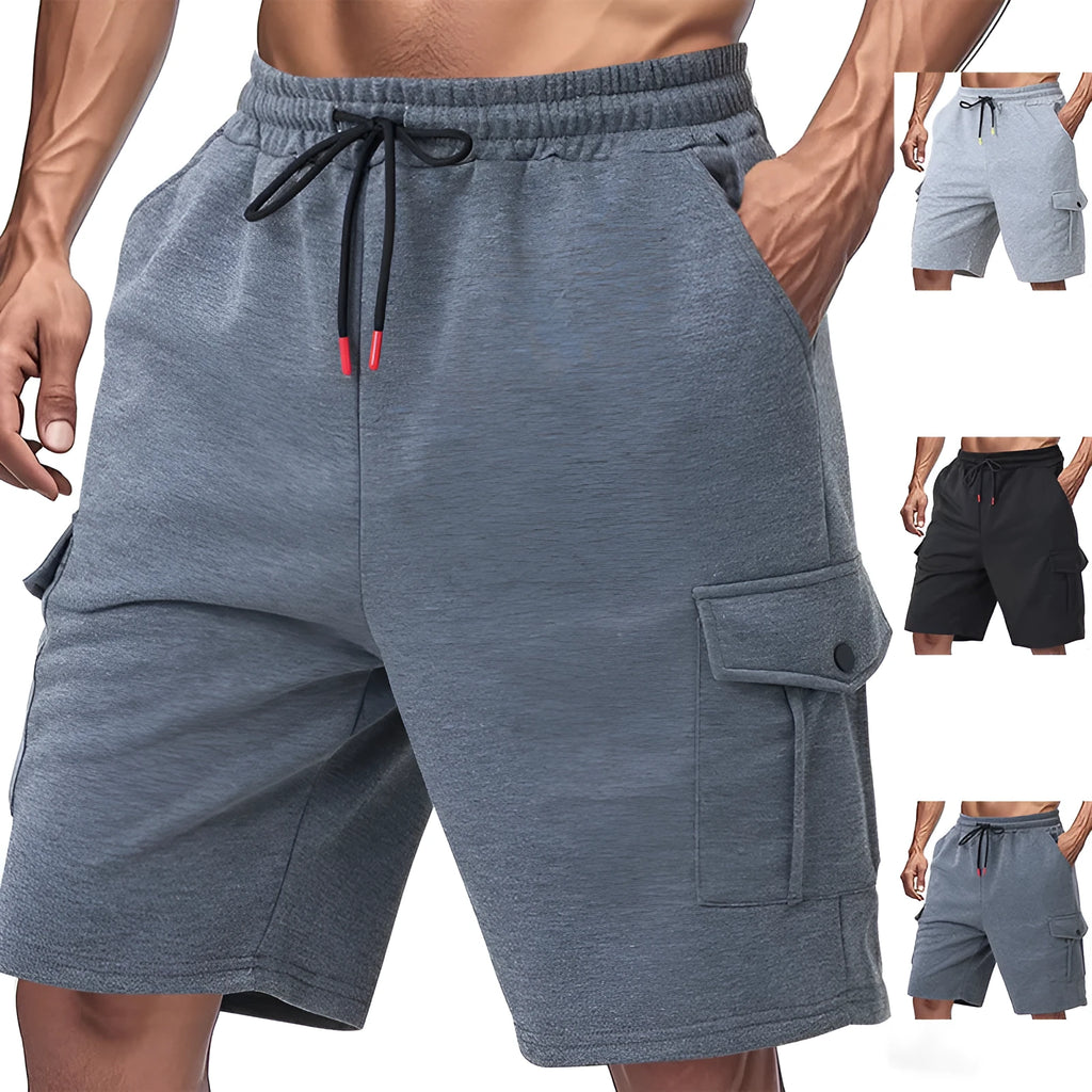 Heavy loose fit light gray cargo sports shorts made from terry fabric with multiple pockets.