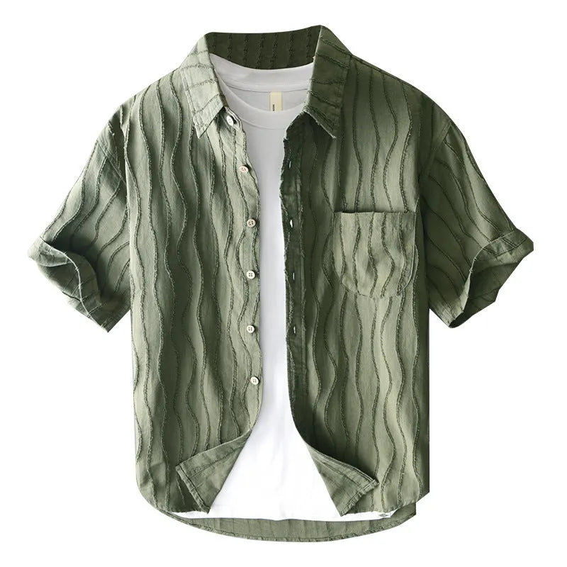 Men's pure cotton casual shirt in apricot colour with short sleeves and a loose fit.