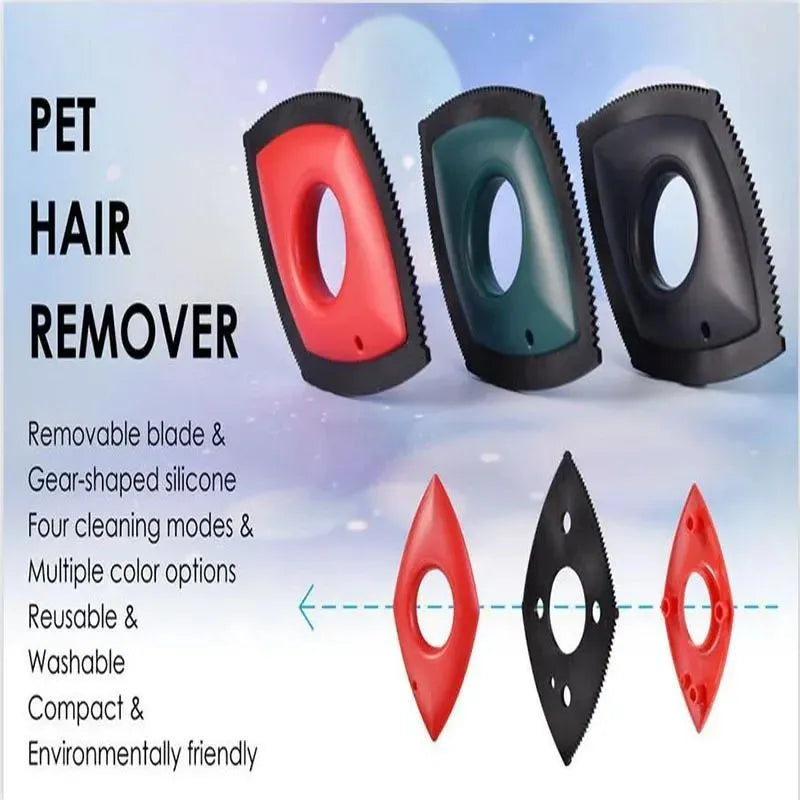 Silicone pet hair removal brush in black, green or red for cleaning sofas and car seats.