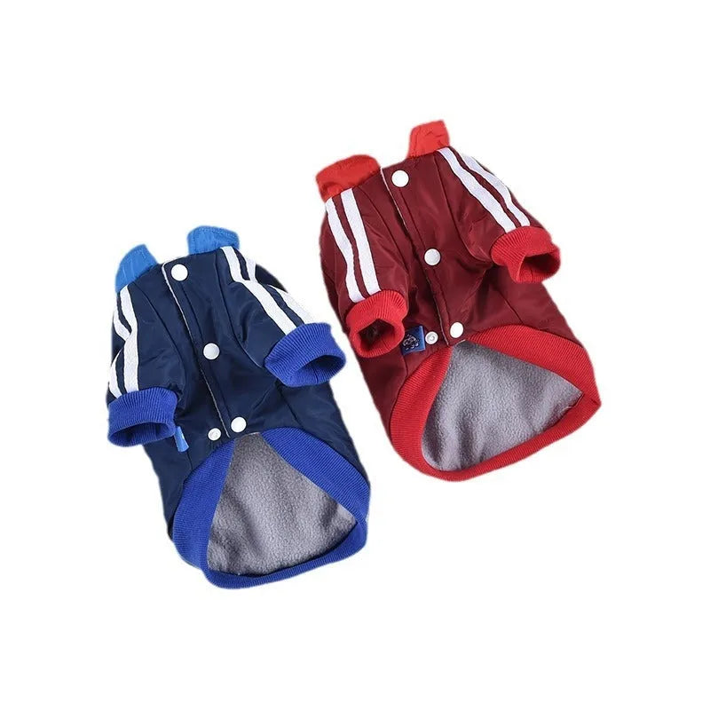 Red V-neck cotton dog coat on mannequin showing splicing design and thick fabric texture