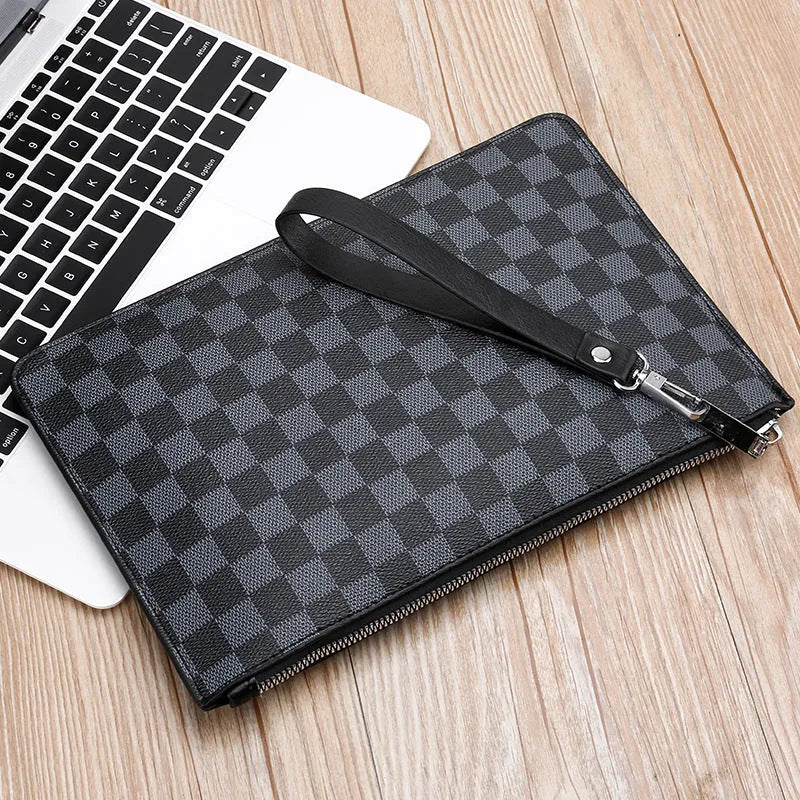 Men's soft PU leather clutch in a plaid pattern, showing internal card slots and zipper pocket.