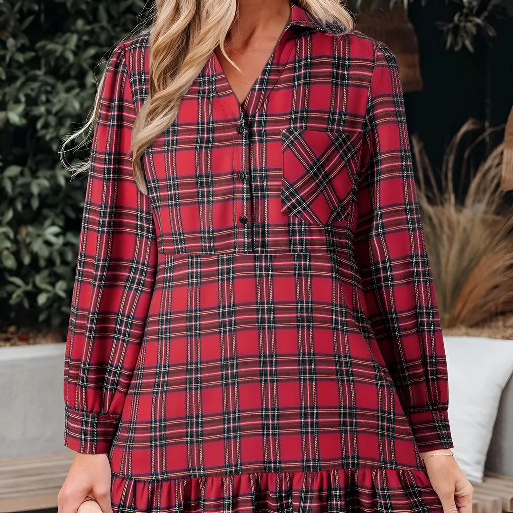 Red plaid patterned women's mini dress with a shirt collar, long sleeves, half-button front, and a ruffle hem.
