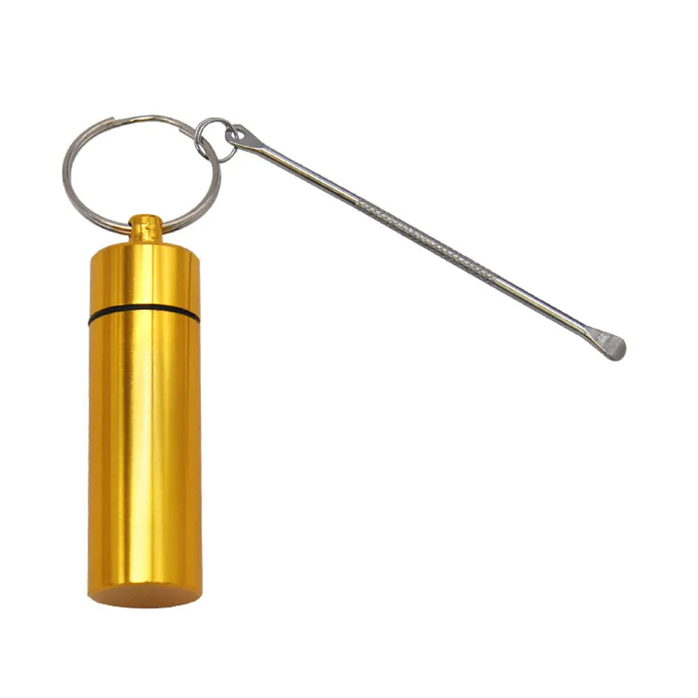 Aluminium medicine storage bottle with spoon and keychain in five colour options
