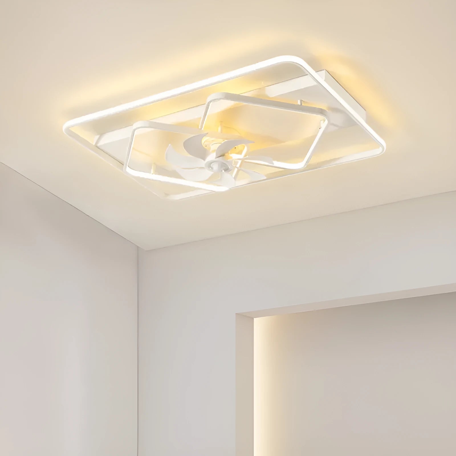 Modern thin suction ceiling fan lamp with acrylic light shade and plastic blades, 1100mm diameter