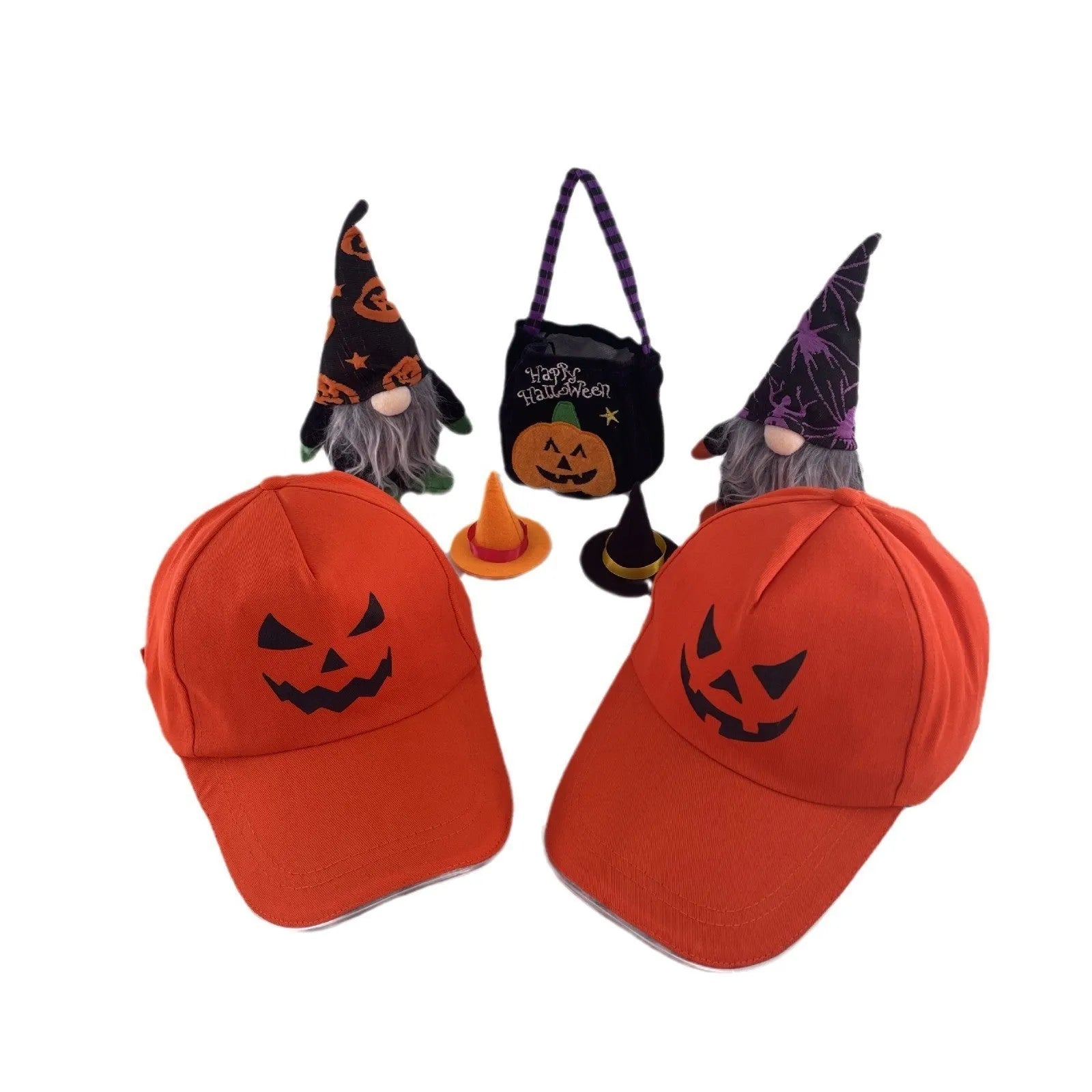 Halloween LED baseball cap showing light-up pumpkin design on black cloth material