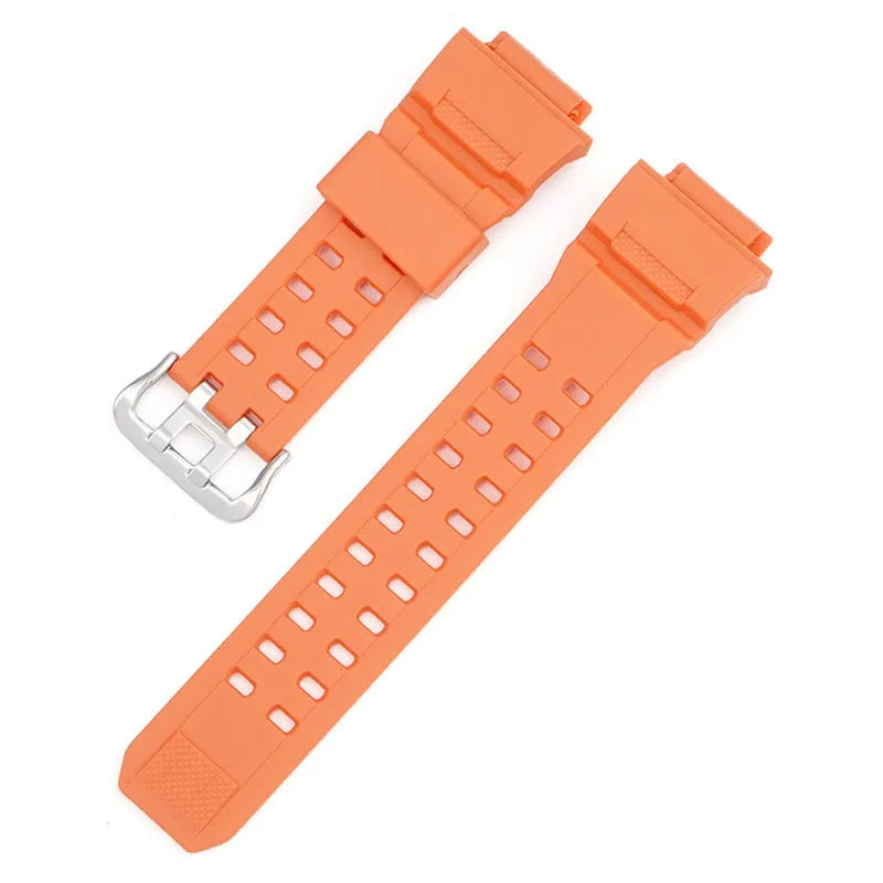 Camouflage TPU watchband with silver buckle, showing strap length and colour options
