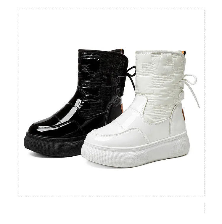 Women's flat-bottomed thick-soled ankle boots in white with velvet cotton finish, round toe, and rubber sole