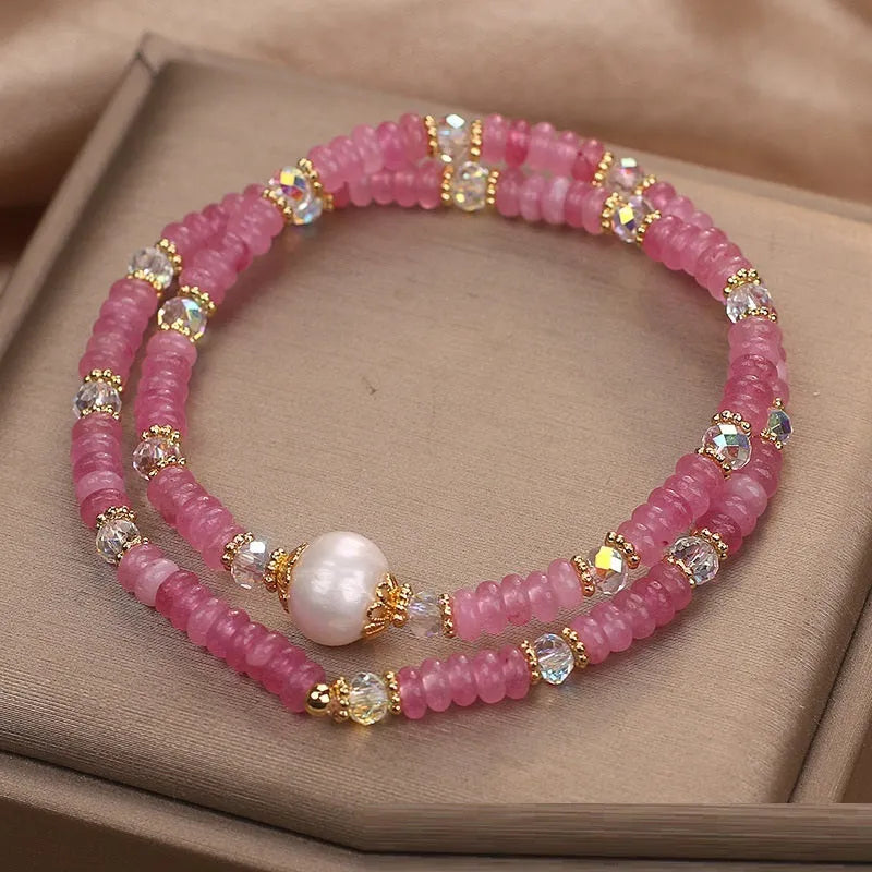 Rose red glass crystal freshwater pearl necklace bracelet set for women original design