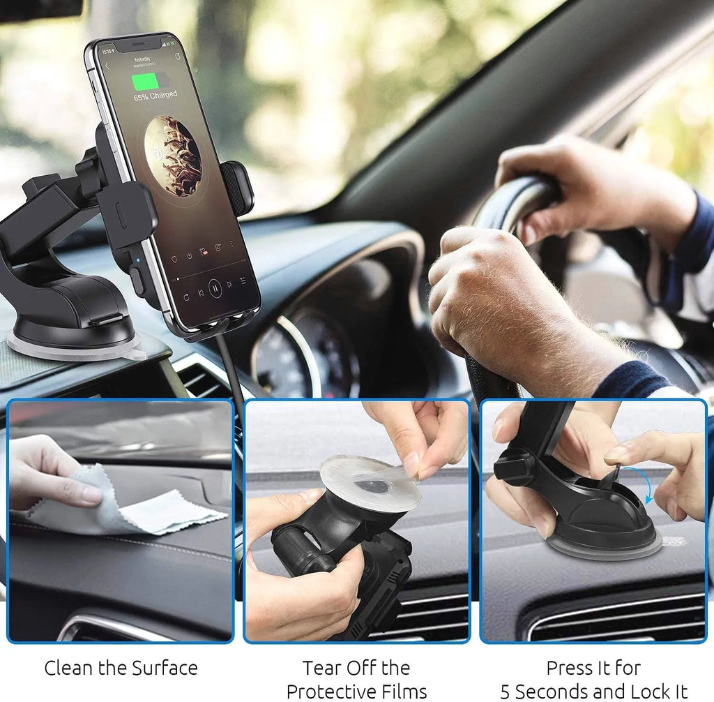 Black 15W fast wireless car charging stand showing air vent clip and dashboard mount options