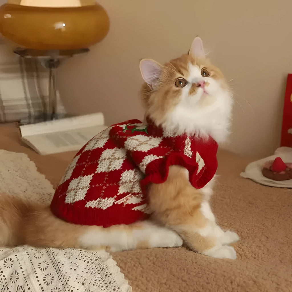 Red cat sweater with rhombic embroidery pattern for autumn and winter wear
