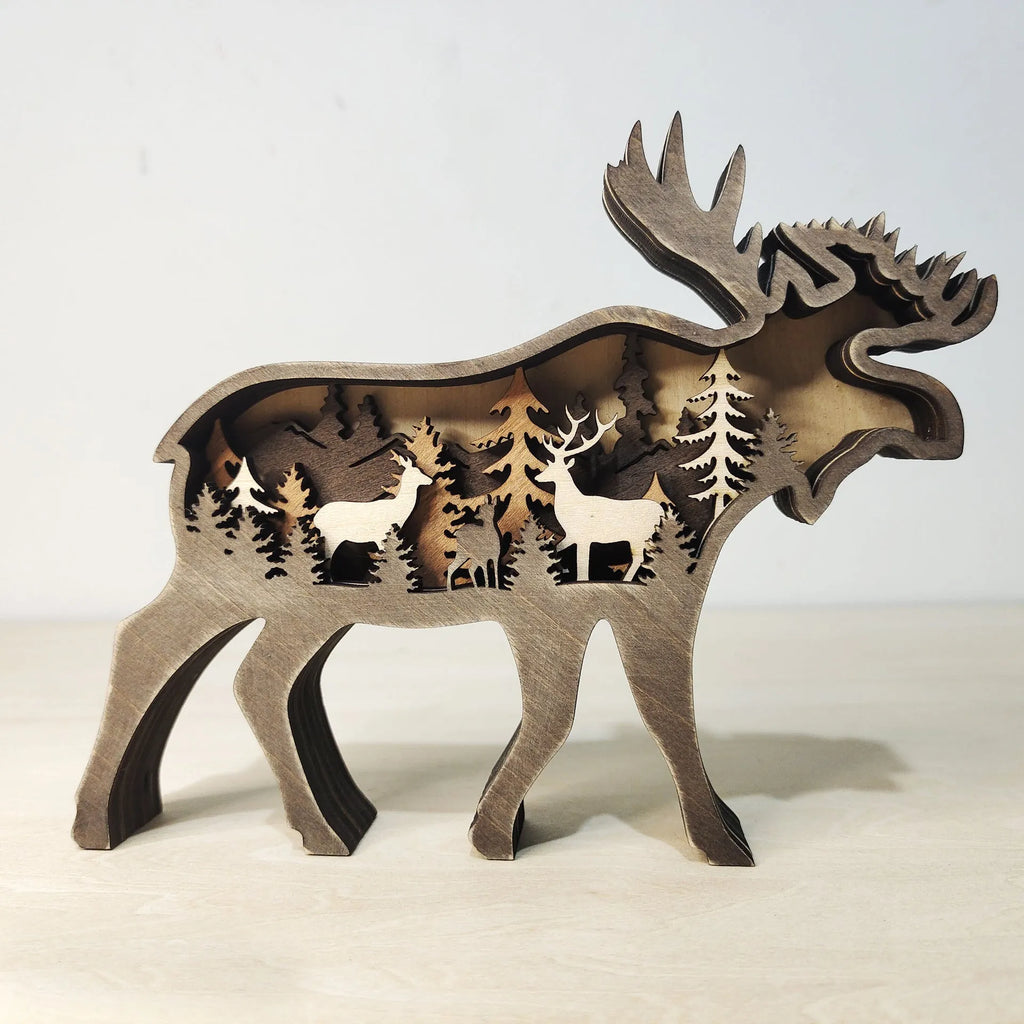 Boxwood Christmas elk ornament 18cm tall with natural wood grain on a wooden shelf