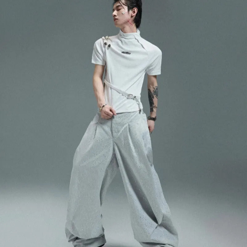Men's slim fit black cotton short sleeve t-shirt with metal belt detail and stand-up collar.