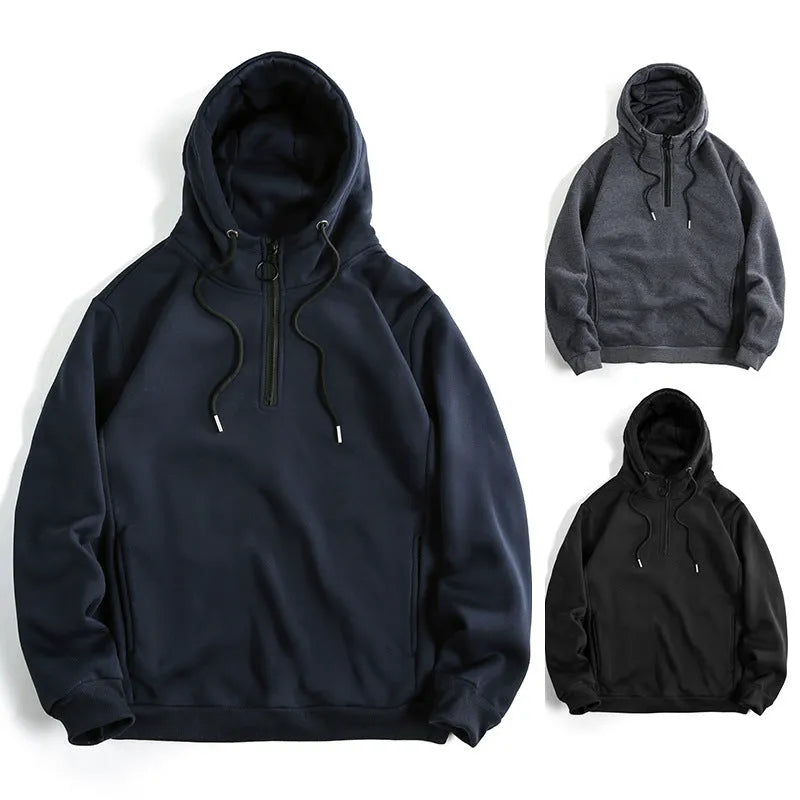 Men's loose casual solid color hoodie pullover in dark gray, black, or navy blue, sizes S to 2XL.