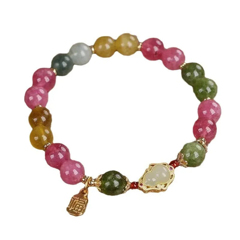 Women's colourful tourmaline gourd blessing card bracelet with electroplating finish and flower shape design