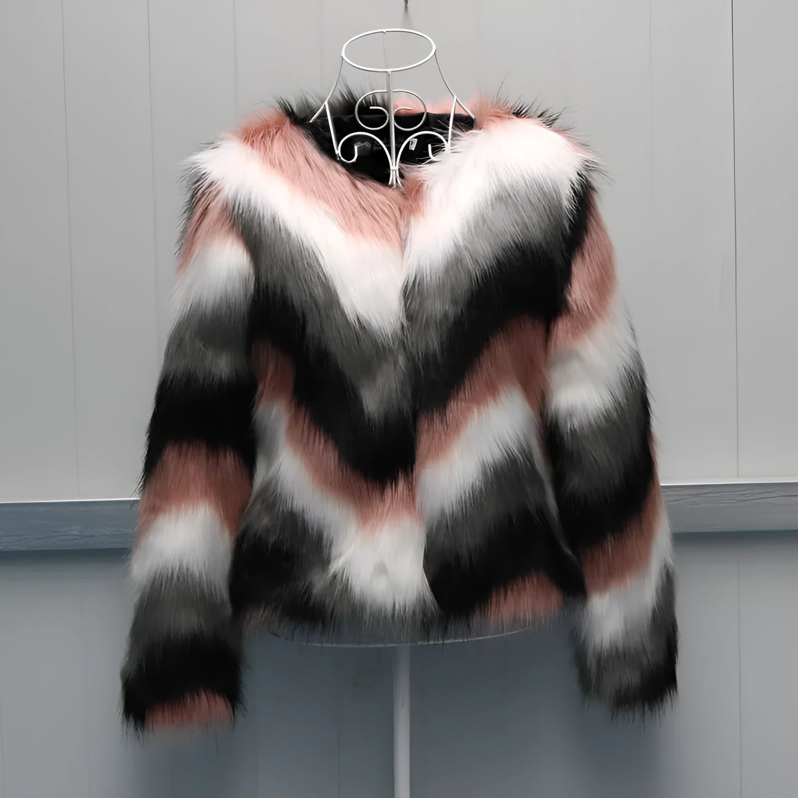 Korean style women's faux fur leather coat with O-neck design