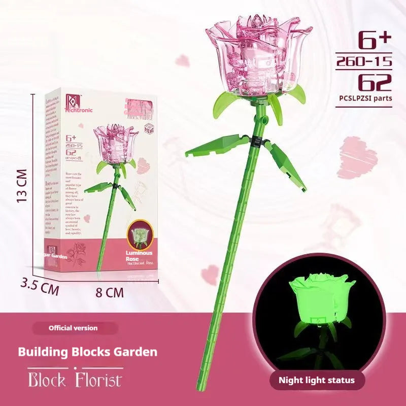 Artificial rose building blocks bouquet plastic small particle set with red rose colour box packaging