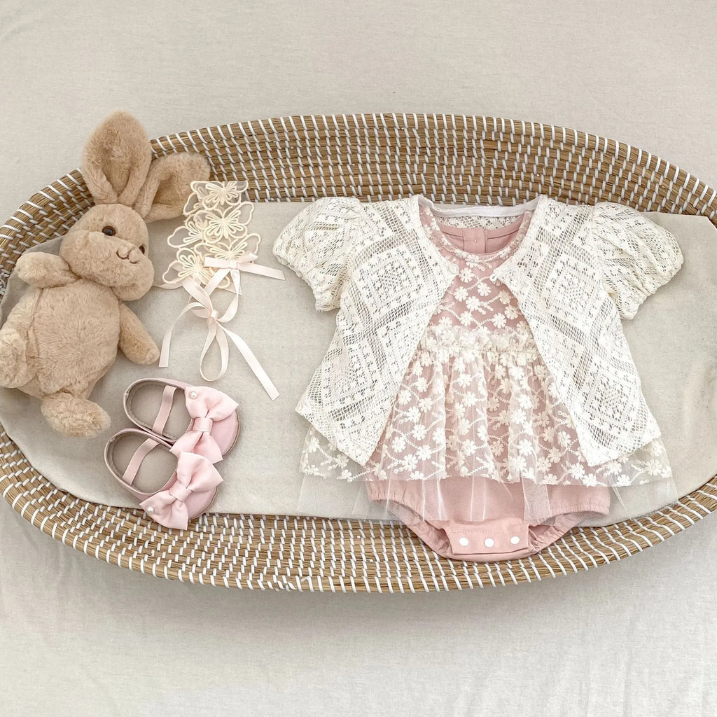 Baby girl matte pink mesh jumpsuit, cotton blend short sleeve no hood pullover romper, sizes 66cm to 100cm