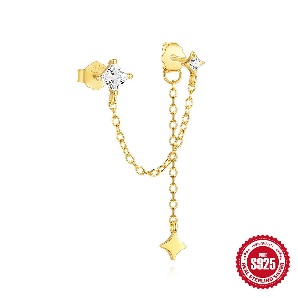 S925 sterling silver geometric stud earrings with inlaid zircon stone in a golden clover design.