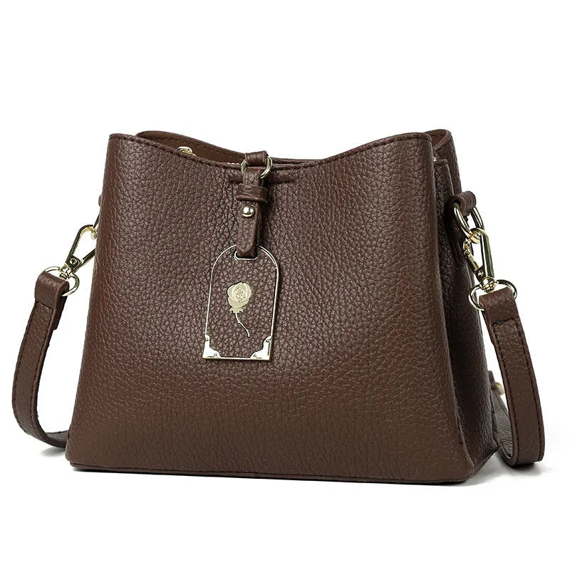 PU shoulder crossbody bag 21x17x10cm with sandwich pocket and polyester lining, shown in brown