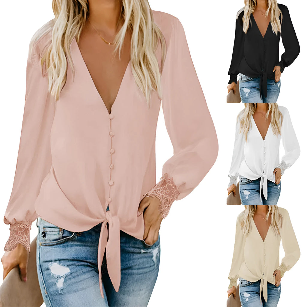 Loose fitting apricot coloured V-neck top with long sleeves and a lace-up detail at the hem.