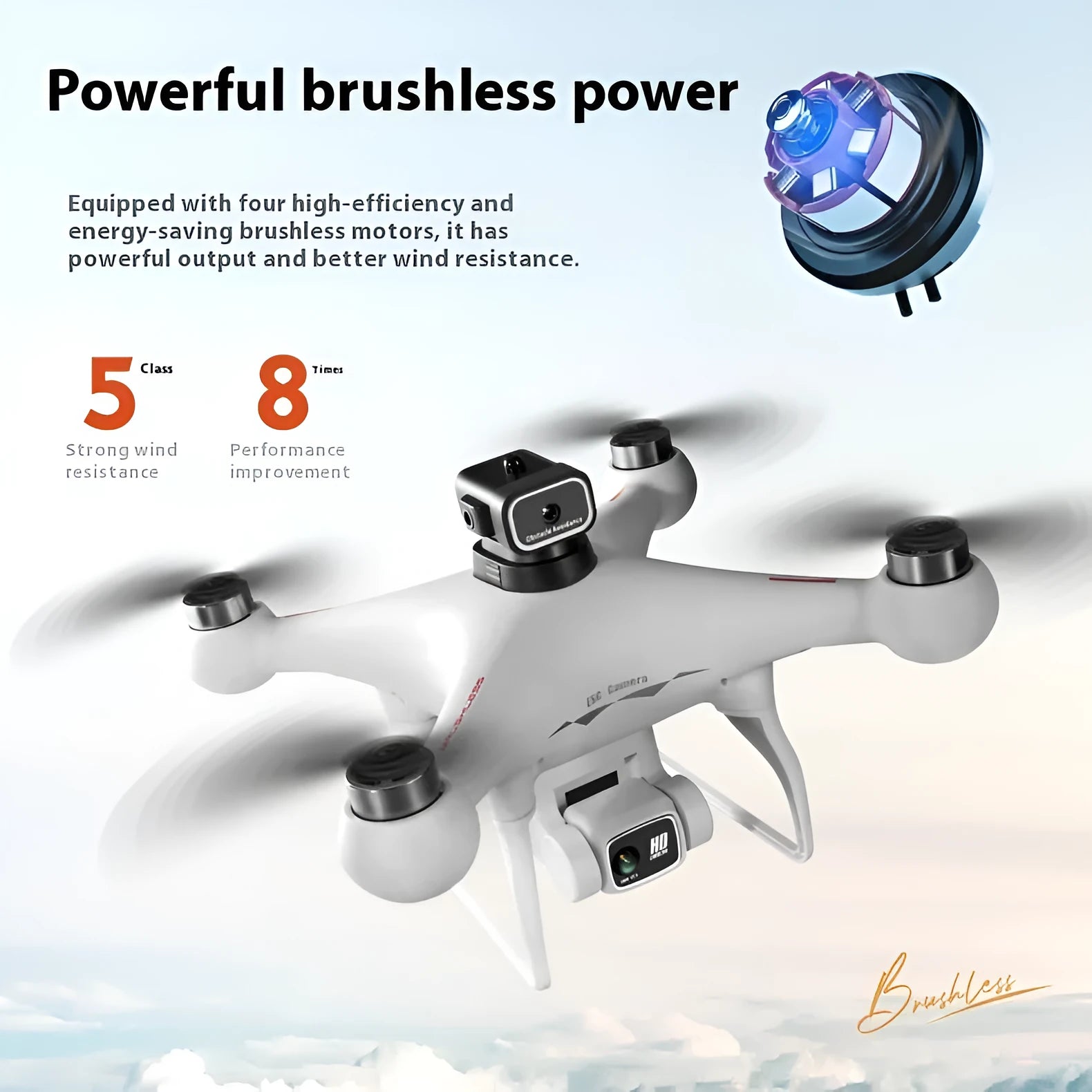 Black brushless UAV toy drone with four-side obstacle avoidance and a camera, remote controller beside it.
