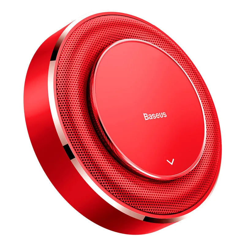 Aluminium alloy round car fragrance holder in black, red, and silver colour options with four scent tablets.