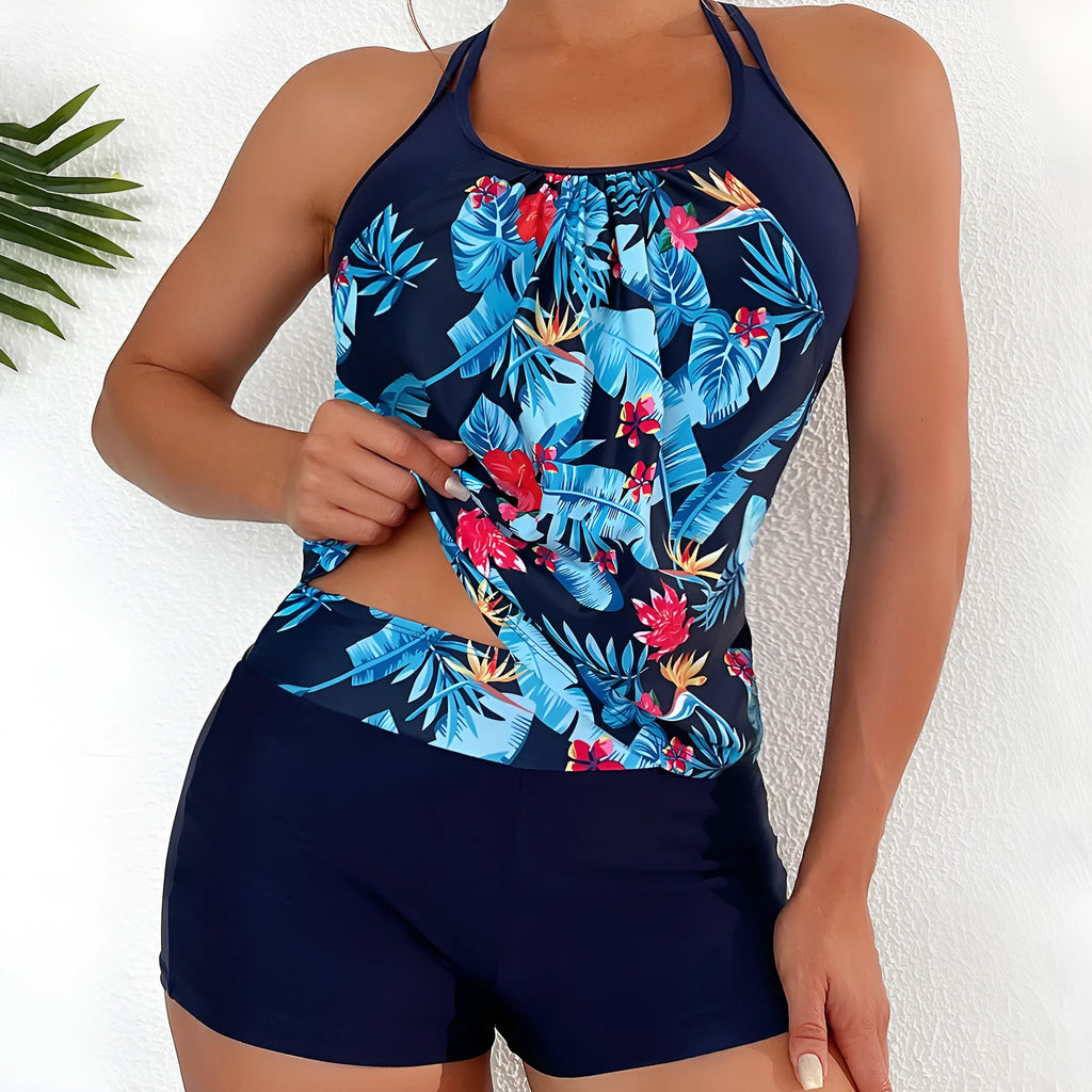 Printed high waist bikini swimsuit with striped floral pattern and Nylon fabric in black colour option.