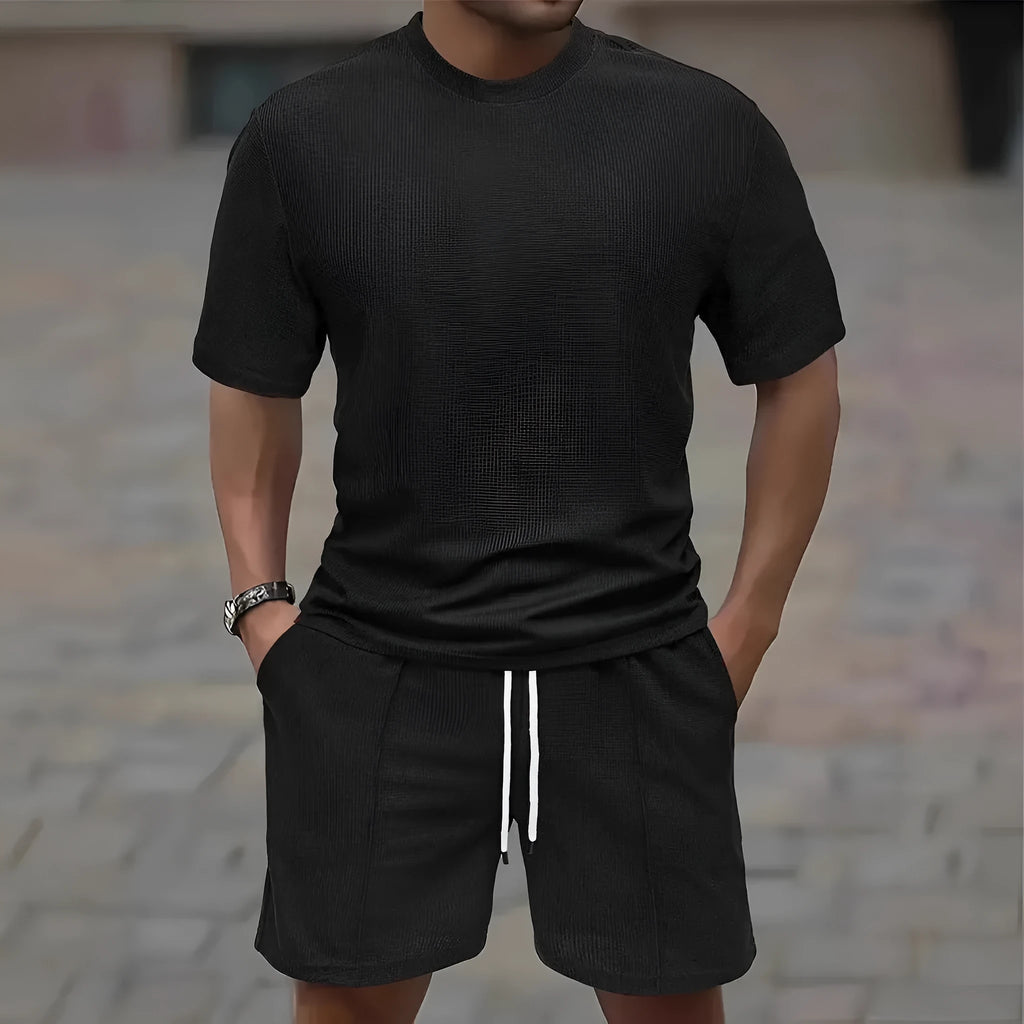 Men's apricot waffle texture short sleeve blouse and matching shorts set laid flat