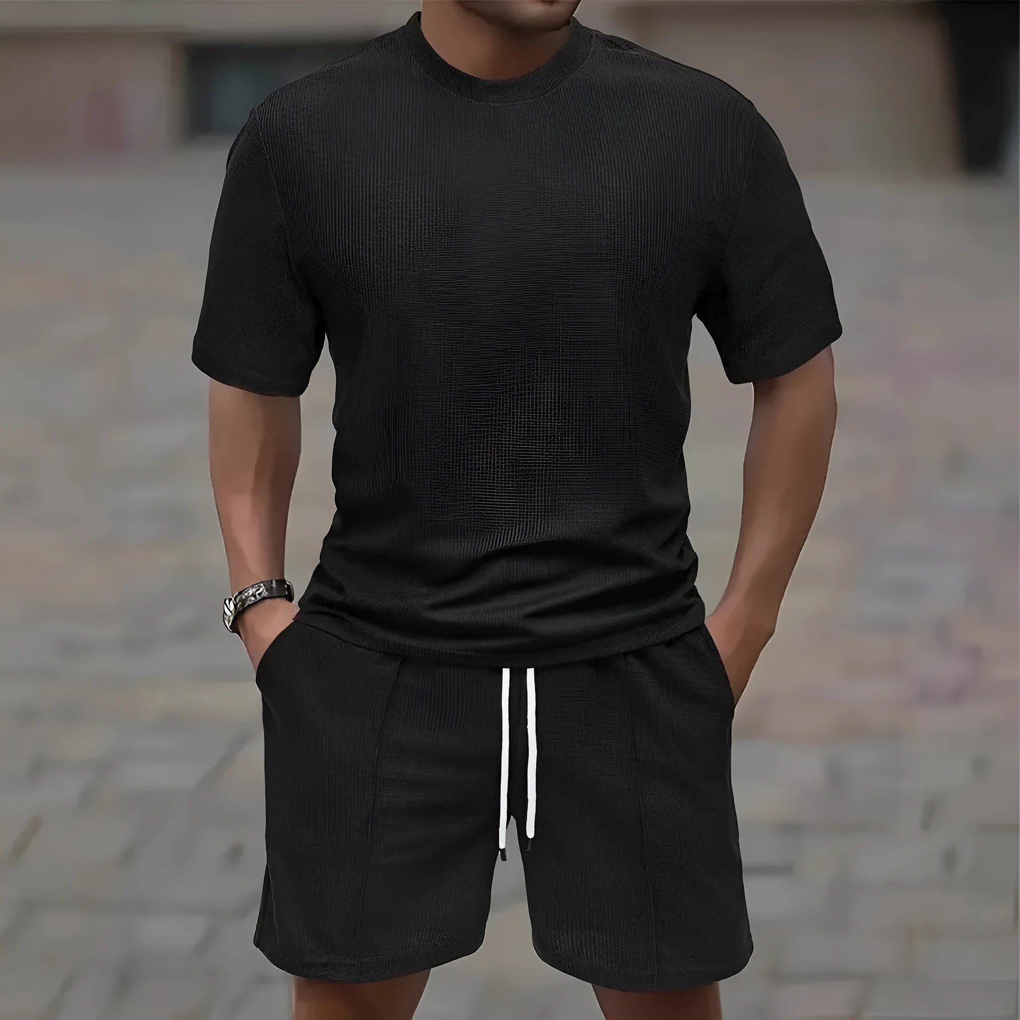 Men's apricot waffle texture short sleeve blouse and matching shorts set laid flat