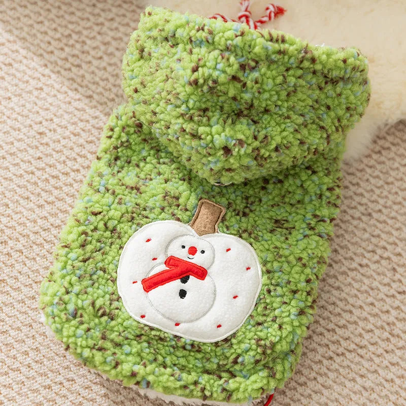 Snowman embroidered sherpa pet hoodie in pink with colourful dots for small dogs