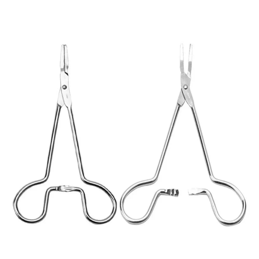 Silver stainless steel pet grooming tweezers with curved tip for ear cleaning and hair removal