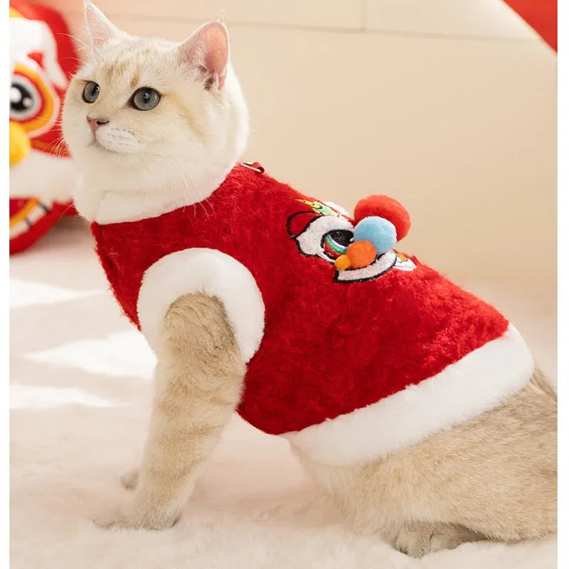 Red lion dance pet vest for cats and small dogs with 3D face, faux fur trim and leash ring.