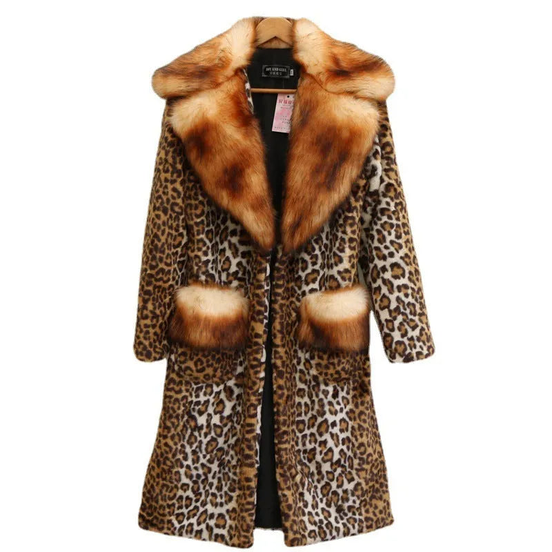 Women's long artificial fur jacket in leopard print with regular sleeves, shown in street fashion style.