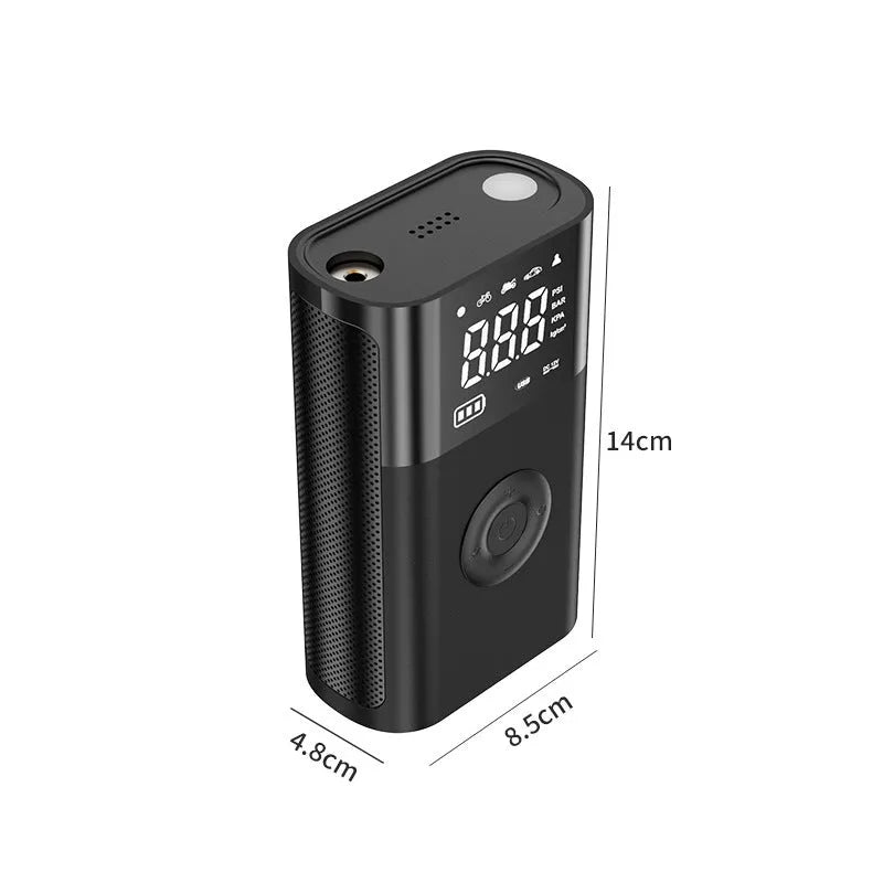 Black handheld digital car tyre pump with LED display and attached air hose, alongside bicycle and ball nozzles.