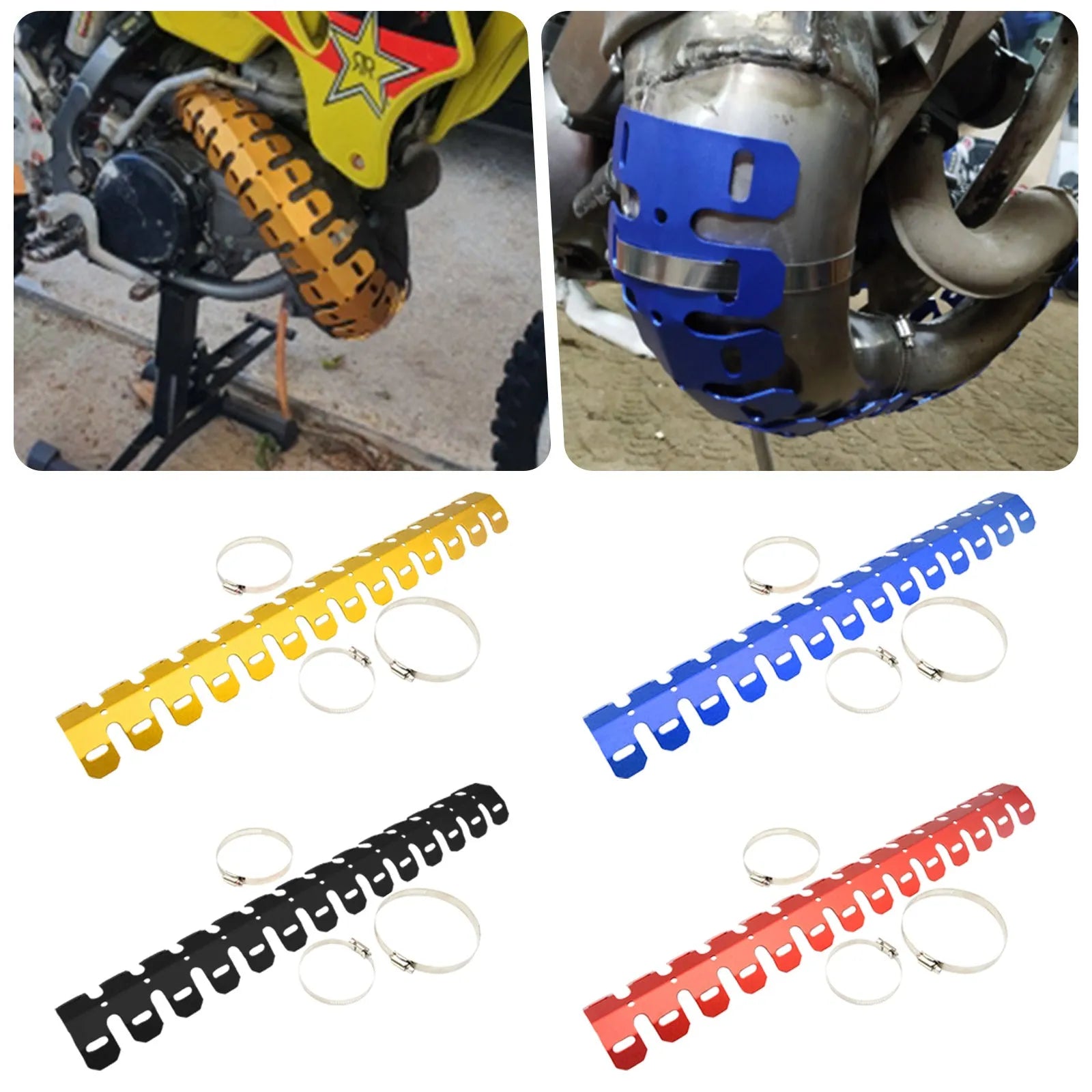 Aluminium alloy motorcycle exhaust heat shield 60cm long in red with cable tie and buckle fittings