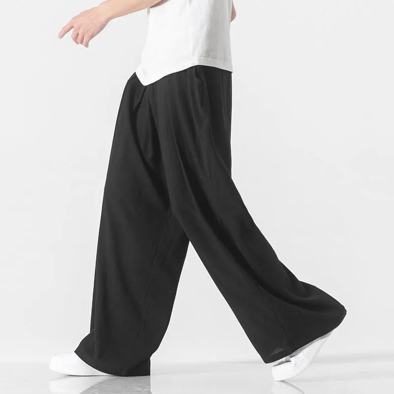 Men's straight-leg linen trousers in beige with drawstring waist, available in Asian sizes M to 5XL