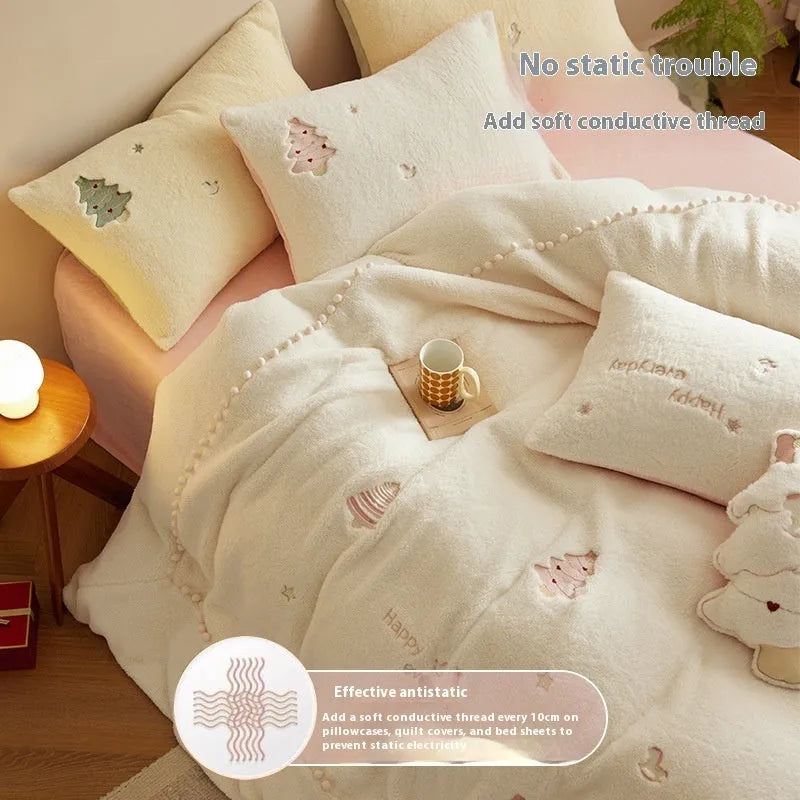 Green and pink Christmas tree print on a milk fibre duvet cover and pillowcase bedding set.