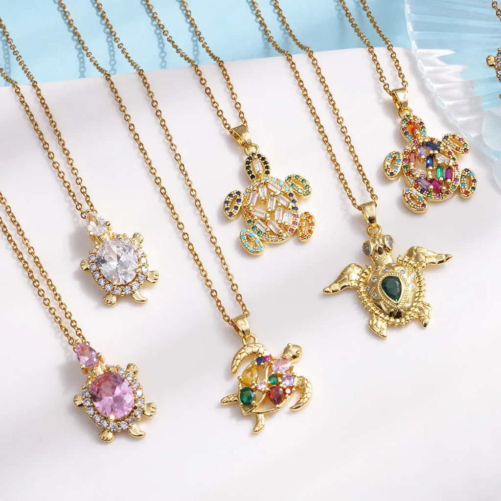 Gold-plated copper sea turtle necklace with zirconium pendant and O-link chain for women