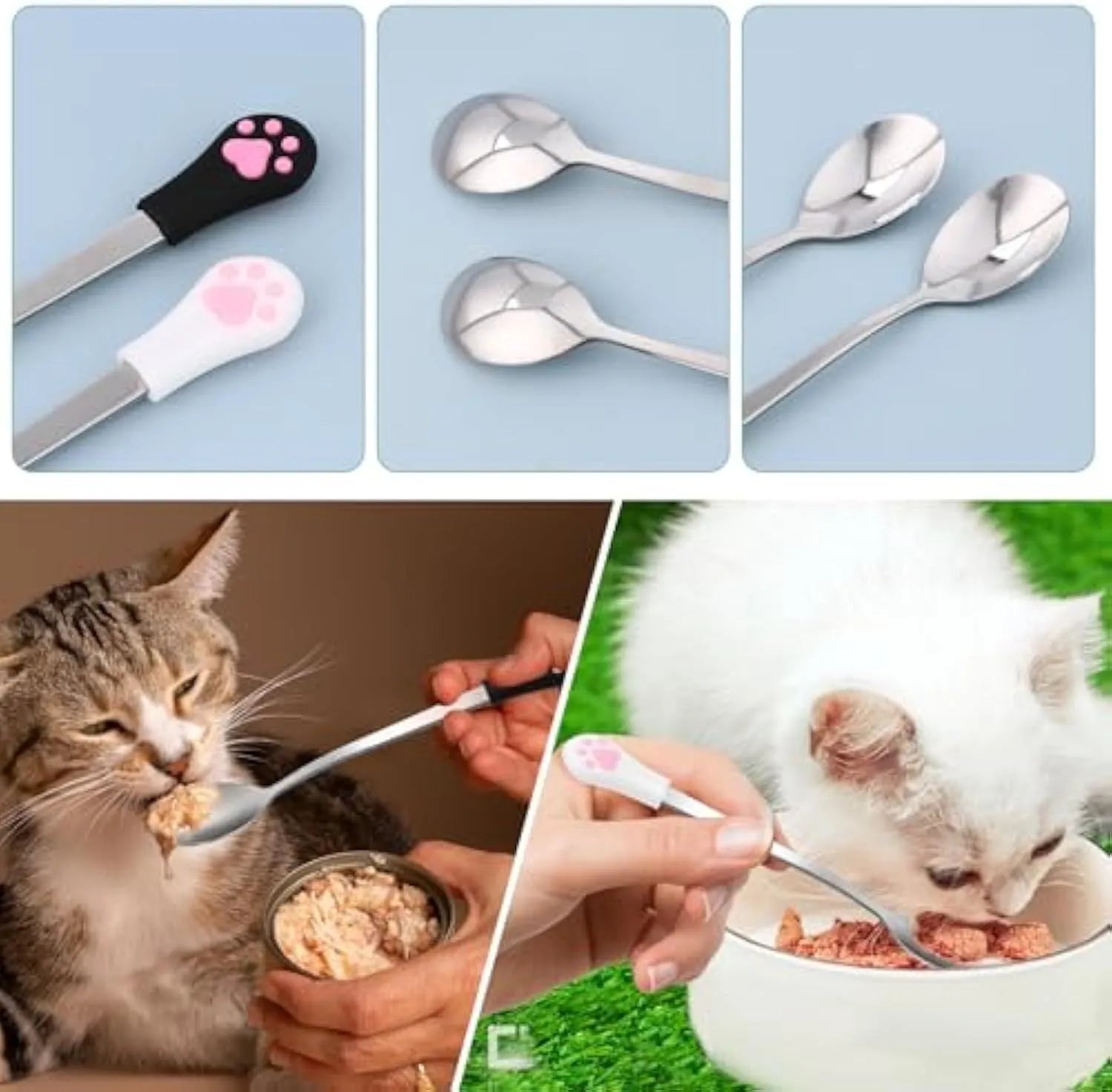 Two stainless steel pet food spoons with silicone handles in white and black colours