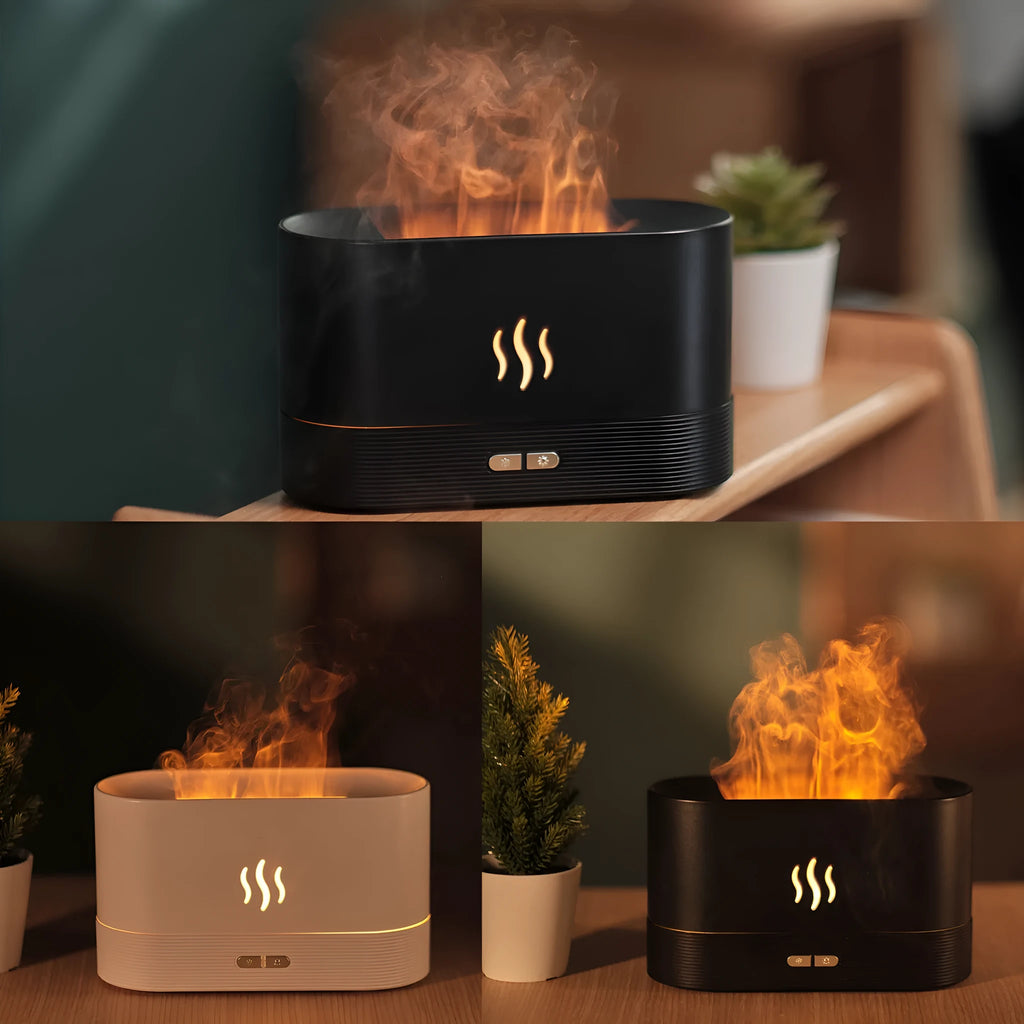 Square black ultrasonic aroma diffuser with flame light effect and water tank on a wooden table.
