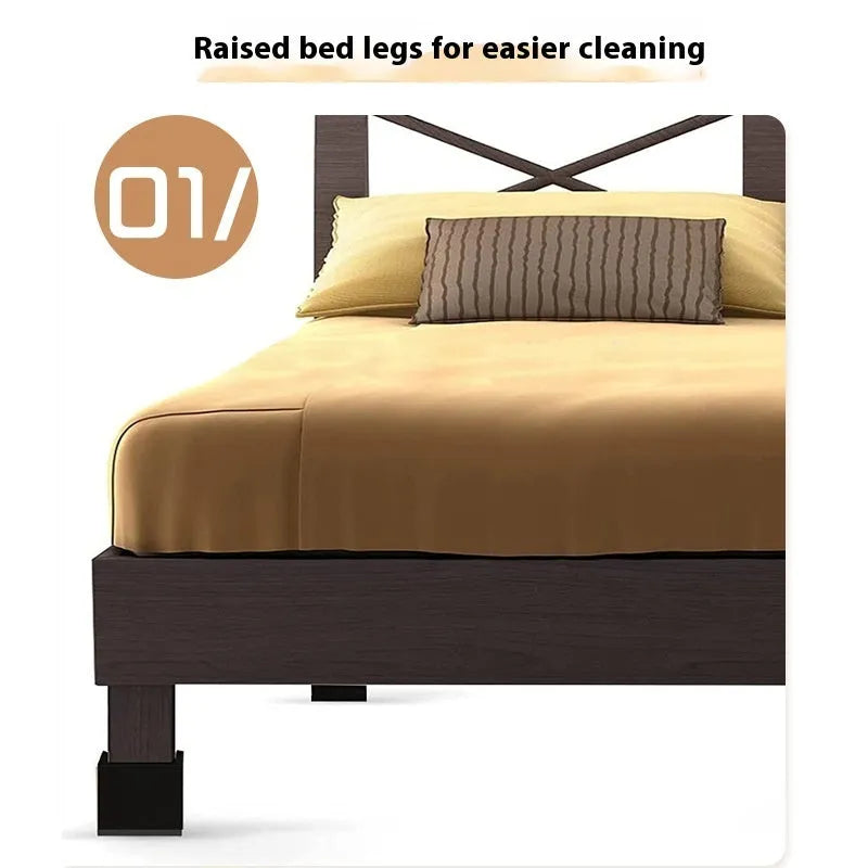 Four black plastic bed foot mats for furniture height adjustment and floor protection