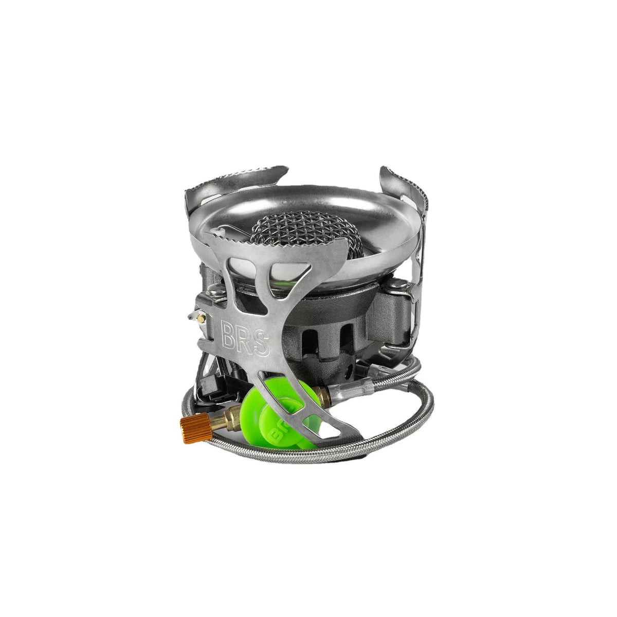 BRS-15 silver windproof camping gas stove, stainless steel and copper alloy, 186x86mm expanded, 313g
