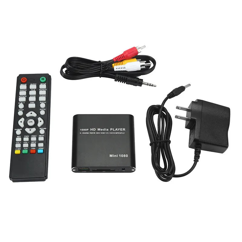 Compact black and blue all-metal 1080P Full HD media player with remote control