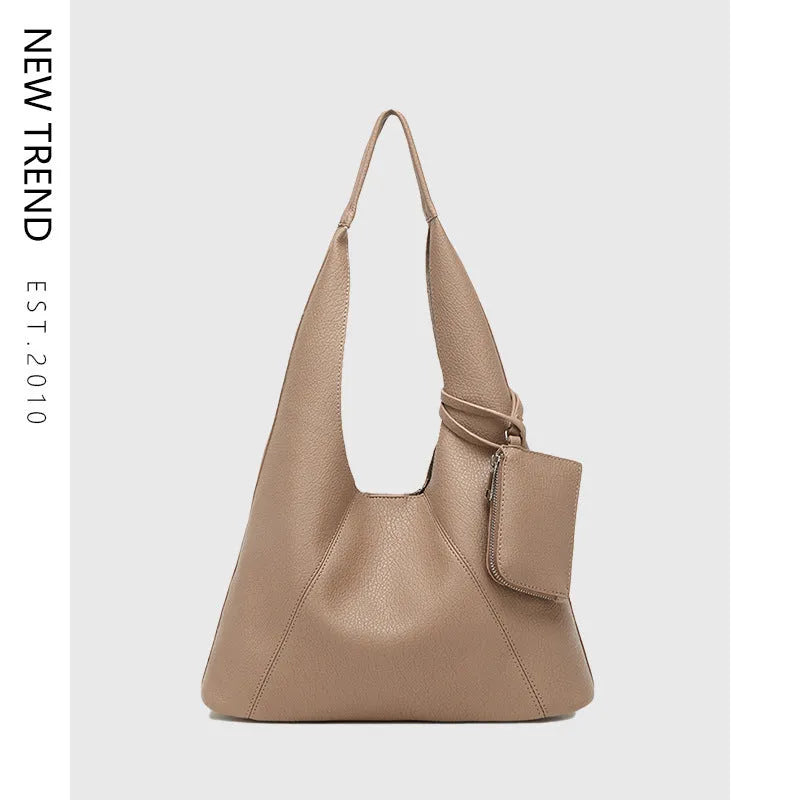 Large capacity PU tote bucket bag in brown, vertical square shape 34x10x43cm, with contrast stitching and sandwich pocket