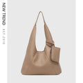 Large capacity PU tote bucket bag in brown, vertical square shape 34x10x43cm, with contrast stitching and sandwich pocket