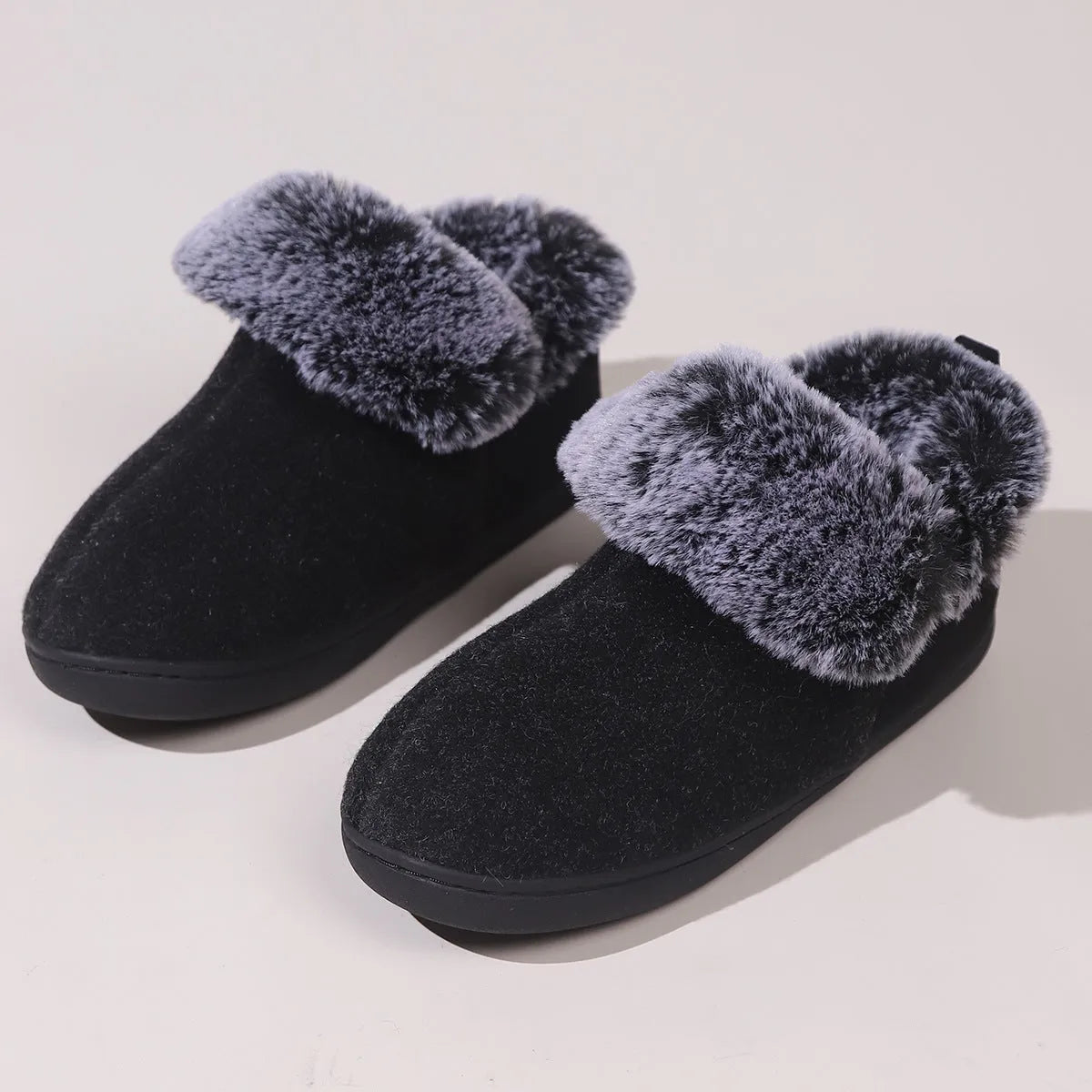 Wine red felt fur collar memory foam indoor slippers with synthetic leather upper