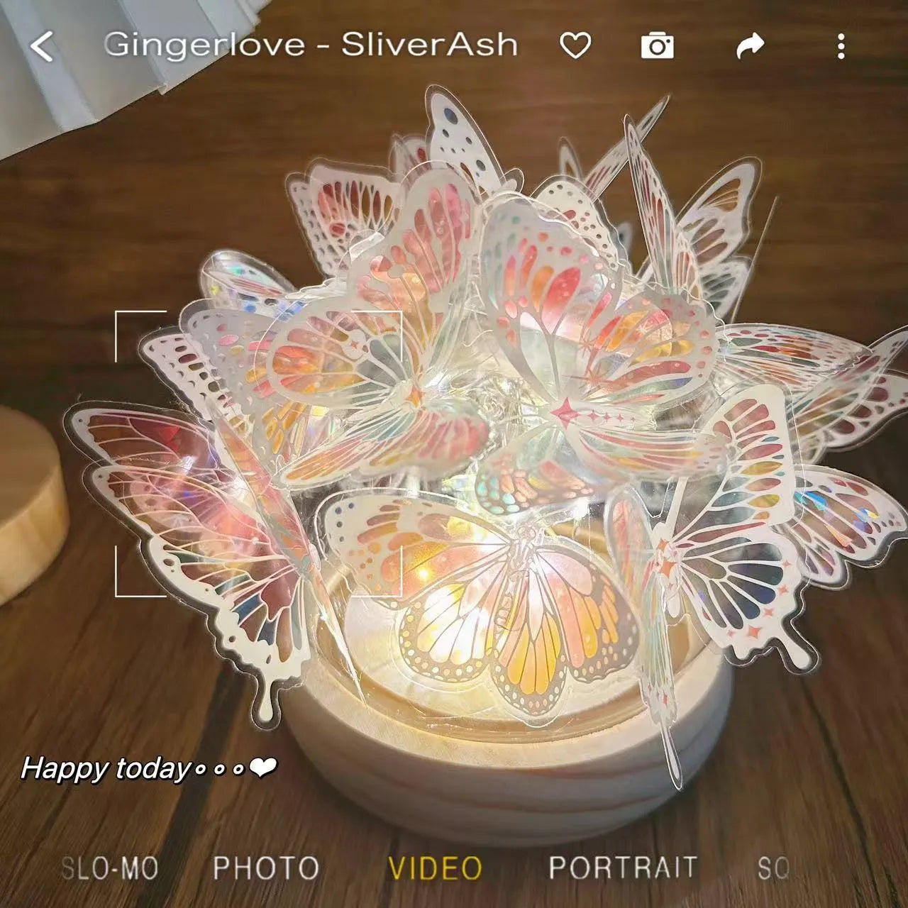 Handmade butterfly-shaped night lamp with glass shade and raw wood base, 12x15cm.